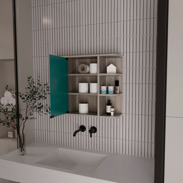English Elm Roseburg Elegant 9-Shelf Medicine Cabinet with Center Mirror Door and Six Open Display Shelves for Bath Light Gray B06280465