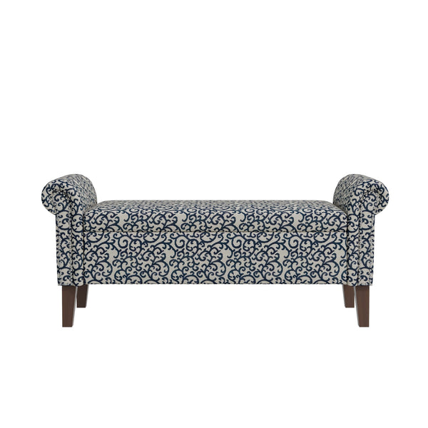English Elm Wallen Traditional Upholstered Storage Ottoman Bench with Nailhead Trim and Vine Pattern Black,White,Wood B127P409580