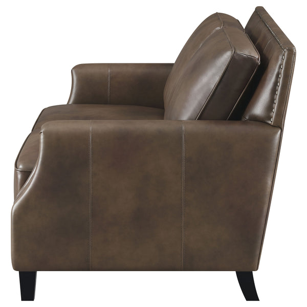 English Elm Gunderson Brown Sugar Top Grain Leather Loveseat with Recessed Track Arms, Brass Nailhead Trim & Espresso Feet B062P357776