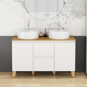 English Elm 47-inch Double Basin Bathroom Vanity Solid Wood Top Glossy White Soft Close W3151S00073