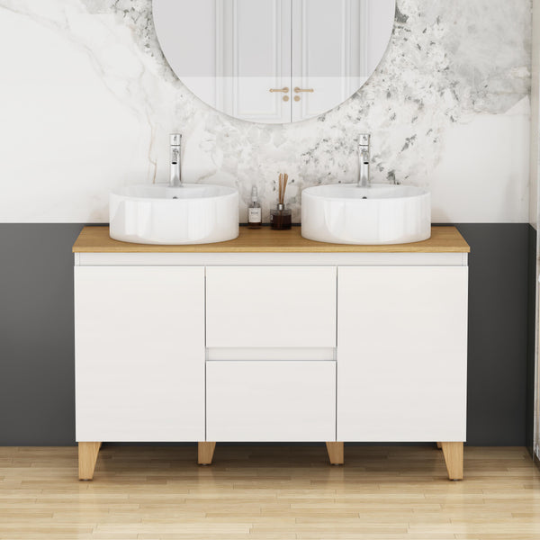 English Elm 47-inch Double Basin Bathroom Vanity Solid Wood Top Glossy White Soft Close W3151S00073