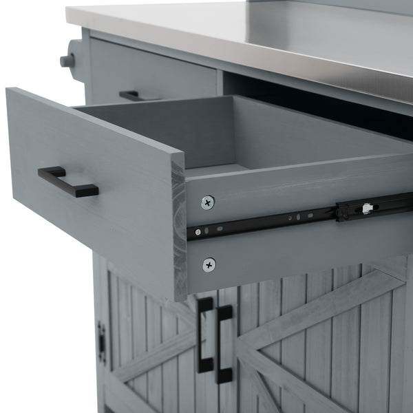 English Elm K&k Solid Fir Grill Cart Stainless Steel Top Outdoor Kitchen Station with Locking Wheels Grey+Blue N707P409087G