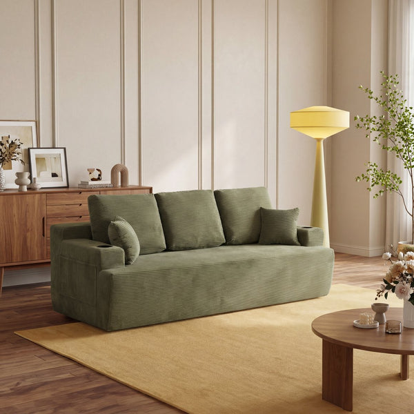 English Elm 87 Inch Plush Corduroy Three Seat Sofa with Deep Cushions Cup Holders Storage Pockets Green W5515P444492