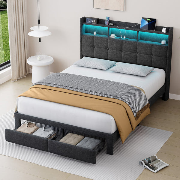 English Elm Queen LED Bed Frame with Linen Headboard, 2 Drawers, Fast Charging Ports, Remote RGB Nightlight W1550P190362