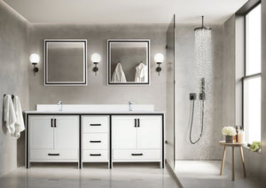 English Elm White Double Bath Vanity 84 in W x 22 in D with White Quartz Top, Soft-Close Drawers & Dual Mirrors B2731S00919