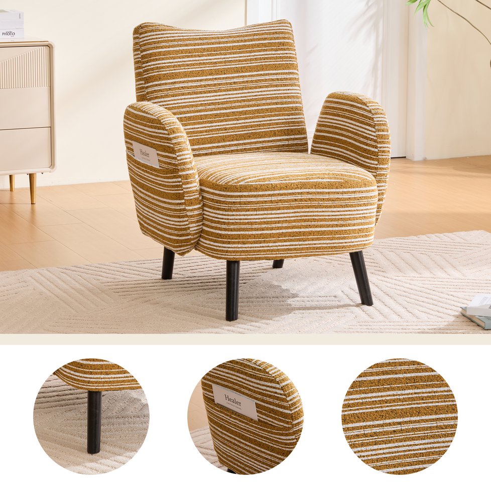 English Elm Modern Bouclé Armchair with High-Density Foam, Side Pocket & Solid Wood Legs for Cozy Reading Spots Mustard yellow W395P376568