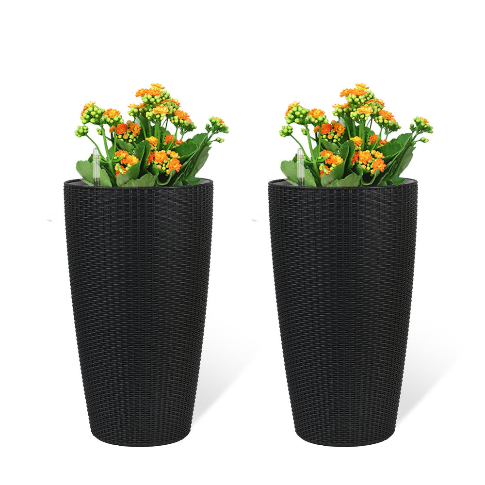 English Elm Set of 2 Faux Rattan Tall Outdoor Planters with Auto Watering and Water Level Monitor Black W3213P325373