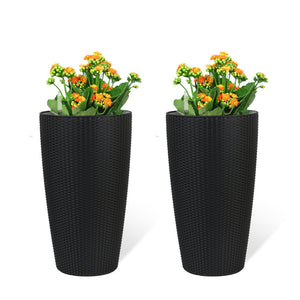 English Elm Set of 2 Faux Rattan Tall Outdoor Planters with Auto Watering and Water Level Monitor Black W3213P325373