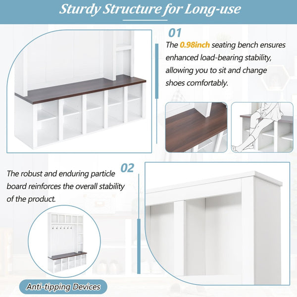 English Elm On-Trend Farmhouse Wooden Hall Tree With 6 Hooks, 4-In-1 Storage Bench & Adjustable Shelves, White N721S000044K-GIGA