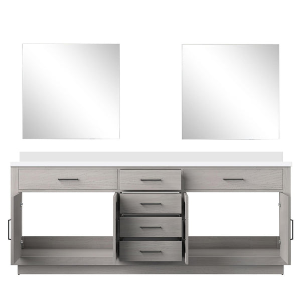 English Elm White Oak Double Bath Vanity With White Quartz Countertop & 34 In. Frameless Mirrors, 84 In. W B2731S01556-GIGA