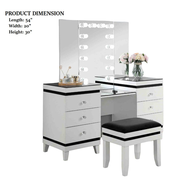 English Elm Contemporary Glam Vanity with Rhinestone Trim and Tempered Glass Top, High Gloss Finish, Illuminated Appeal Black,White 38 L x 23 W x 35 H B2741S00684
