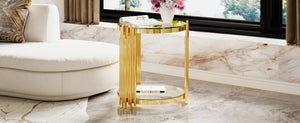 English Elm Modern Round Mirrored Glass End Table with Gold Metal Frame and Lower Display Shelf Transparent N735P380092K