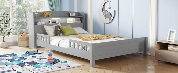 English Elm Full Pine Wood Bed with Bookcase Headboard and LED Motion Sensor Light, Guardrails & Storage Space Grey W504P277598