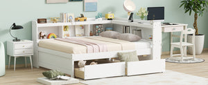 English Elm Full Platform Bed with L-shaped Bookcase Built-in Power Outlets and Storage Drawers White W504S00340