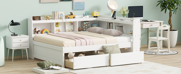 English Elm Full Platform Bed with L-shaped Bookcase Built-in Power Outlets and Storage Drawers White W504S00340