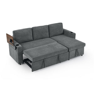 English Elm Modern Chenille Pull-Out Bed Sofa With Table, Led Lights, Usb Ports & Cup Holders - Gray Cozy Comfort W1413S00096