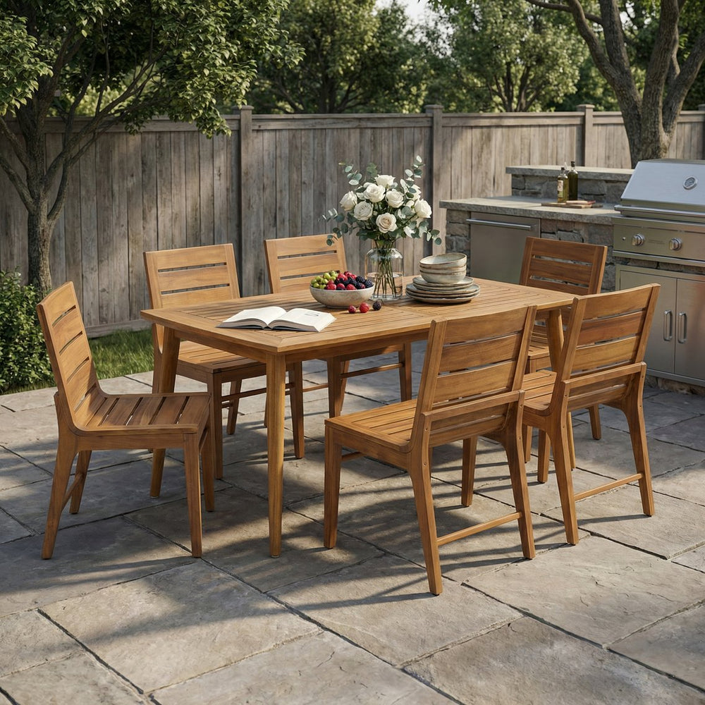 English Elm 7 Piece Solid Acacia Patio Dining Set Teak Finish Table Seats Six Ergonomic Chairs N773OD00147T