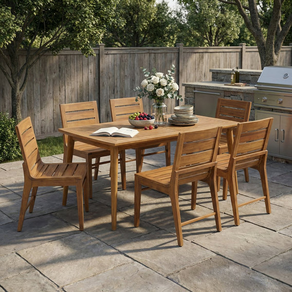English Elm 7 Piece Solid Acacia Patio Dining Set Teak Finish Table Seats Six Ergonomic Chairs N773OD00147T