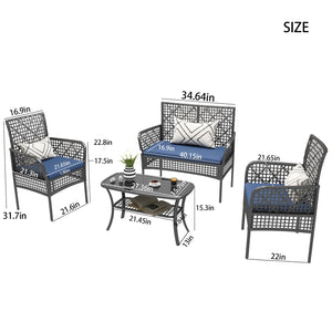 English Elm 4 Piece Outdoor Pe Rattan Wicker Conversation Set with Tempered Glass Coffee Table Blue W2071P296197