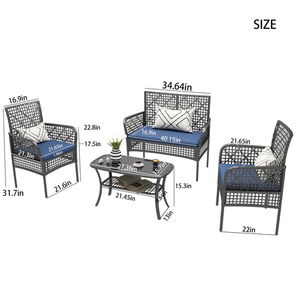 English Elm 4 Piece Outdoor Pe Rattan Wicker Conversation Set with Tempered Glass Coffee Table Blue W2071P296197