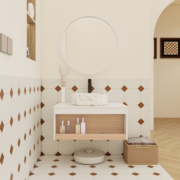 English Elm 30" Floating Wall Mount Bathroom Vanity Open Shelf Ceramic Vessel Sink Modern White Gold+White,White + Light Oak W3450S00058