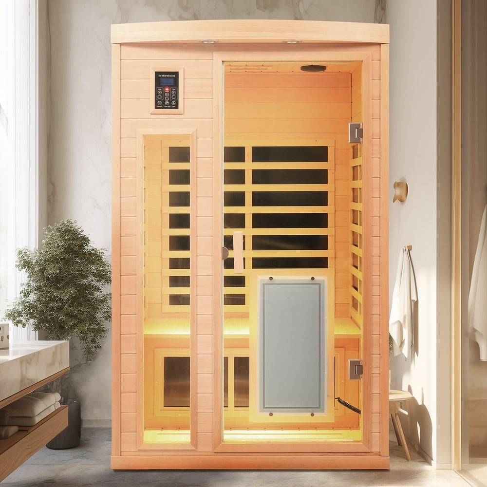 English Elm Low Emf Two Person Hemlock Far Infrared Sauna with Glass Door Heating Panels W632P501524