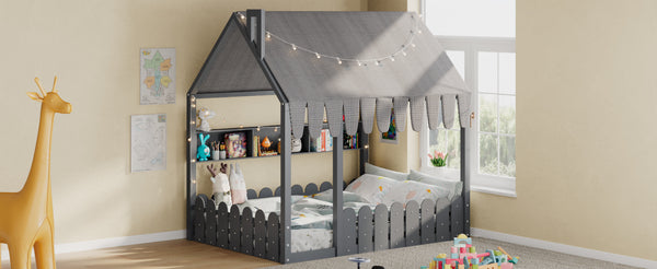 English Elm {slats Are Not Included} Twin Montessori House Floor Bed Kids Tent Lights Shelves Pinewood Frame Gray N708P407963E