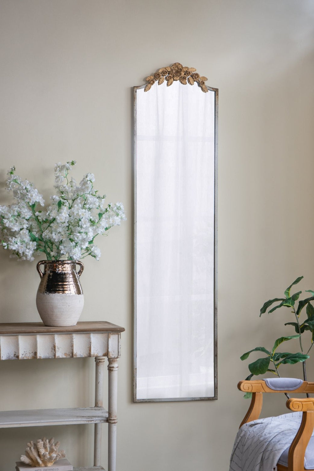 English Elm 18.1x1.6x70.9" Baroque Full Length Floor Mirror Ivory Ornate Crown Bedroom Accent W2078P296025