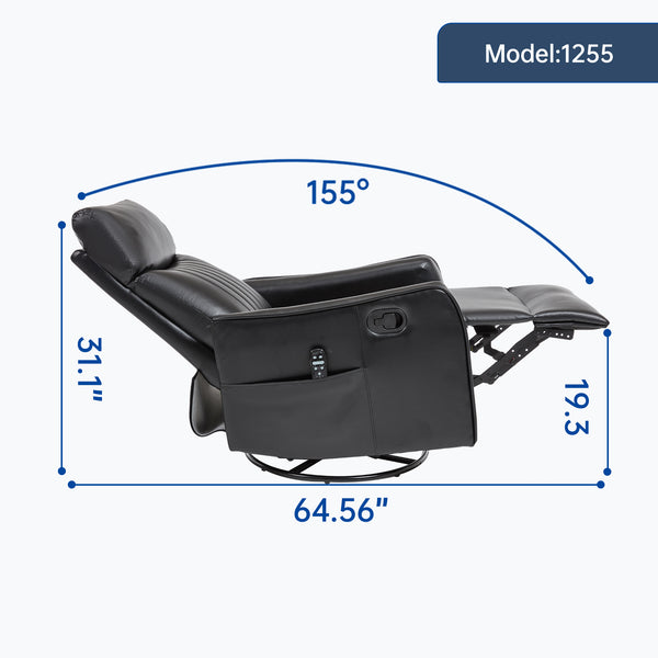English Elm Blue Fabric Swivel Rocker Recliner with Massage Heat Nodes for Living Room Comfort Black Pu W1803P321812