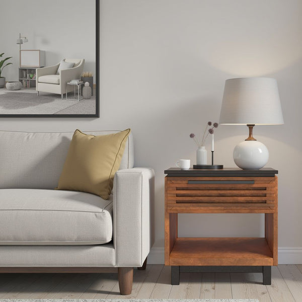 English Elm 24" Scandinavian Side Table in Black & Bourbon Finish, Poplar/Okume Craft, Drawer + Shelf, Ready B108131541