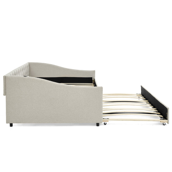 English Elm Full Size Upholstered Daybed with Trundle Usb Ports Tufted Back Wave Arms W1413S00158