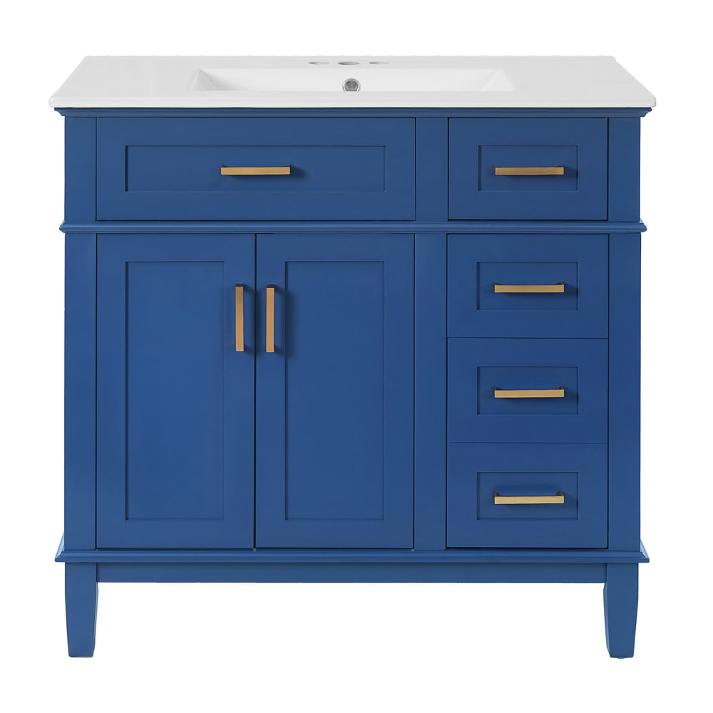 English Elm 36" Blue Modern Bathroom Vanity with Ceramic Sink, Solid Wood+MDF, Soft-Close Doors, 4 Drawers, Compact Elegance for Small Spaces N729P253935C