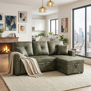English Elm Sleeper Sectional Sofa with Pull Out Bed Storage Chaise Tufted Olive Fabric W5568S00036