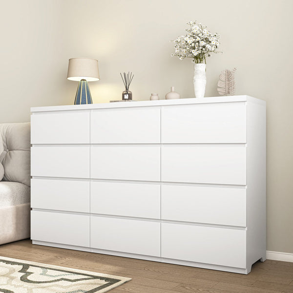 English Elm 12 Drawer Wide Double Dresser Modern Symmetrical Wood Storage Chest for Bedroom W409S00018