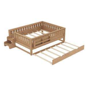 English Elm Twin Kids Platform Bed with Trundle Staircase Bookshelf and Rounded Safety Rails Natural W1580S00561