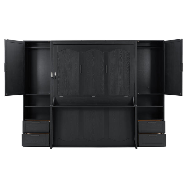 English Elm Queen Murphy Fold Down Wall Bed with Wardrobe Drawers and Shelves for Guest Rooms LP000909AAB