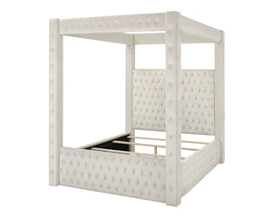 English Elm 1pc Majestic Canopy Four-Poster Queen Bed with Tufted Velvet Headboard & Footboard, Luxurious Statement Ivory 62 L x 45.25 W x 7 H B2741S00130