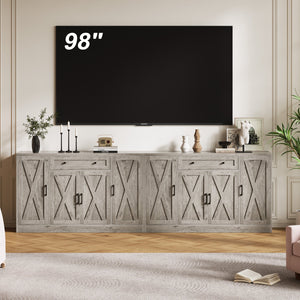 English Elm Buffet Sideboard 55 Inch Farmhouse Credenza with Barn Doors Drawer and Open Shelving Gray T5618P451111