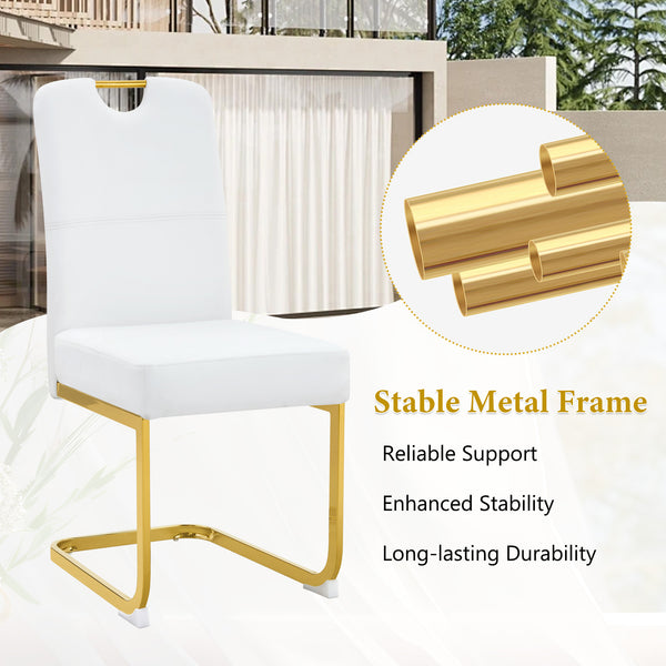 English Elm Modern Cantilever Gold Frame Pu Leather Dining Chairs Glam Set of Four White W3875P372993