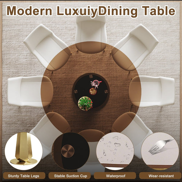 English Elm 53 Inch Round Smoked Glass Dining Table with Gold Steel Base Seats Eight W2700S00095