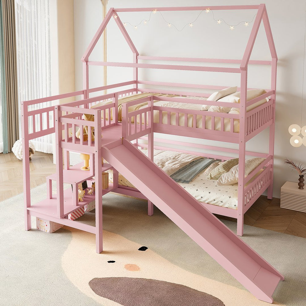 English Elm Full Bunk Bed with Trundle Bookshelf Storage Pine Frame Car Design for Kids Pink W1580S00304