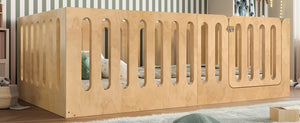English Elm Twin Solid Pine Montessori Floor Bed with House Frame Door and Safety Fence Natural W5305P420633