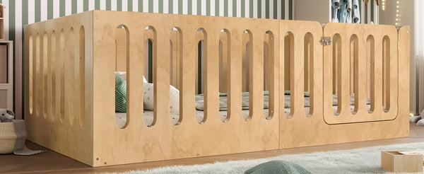 English Elm Twin Solid Pine Montessori Floor Bed with House Frame Door and Safety Fence Natural W5305P420633
