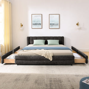 English Elm Queen Chenille Upholstered Storage Bed Wingback Headboard Platform Frame Bedroom Dark Gray W487S00418