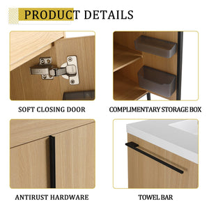 English Elm 60" Freestanding Bathroom Vanity with Dual Resin Sink, 4 Soft-Close Doors, 3 Open Shelves & Towel Hanger, Plywood Storage Boxes, Modern Durable Hardware W999S00480