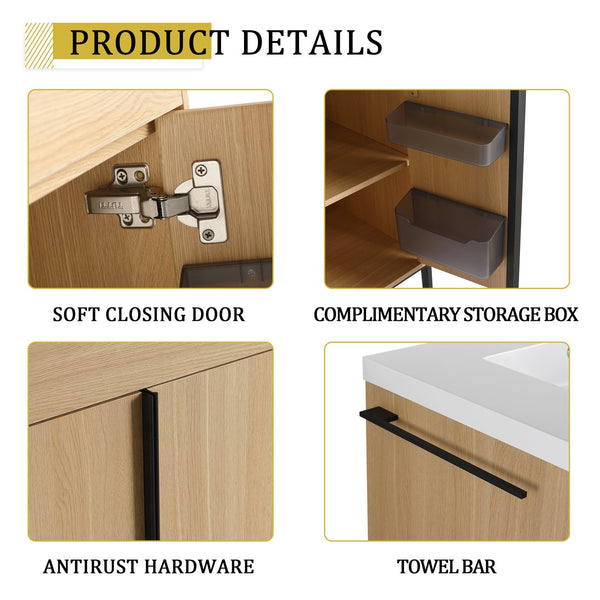 English Elm 60" Freestanding Bathroom Vanity with Dual Resin Sink, 4 Soft-Close Doors, 3 Open Shelves & Towel Hanger, Plywood Storage Boxes, Modern Durable Hardware W999S00480