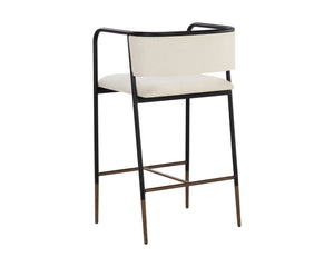 Sunpan Brenan Counter Stool - Elegant Curved Backrest, Unique Faux Leather, Black Metal Frame & Brass Caps Zenith Alabaster