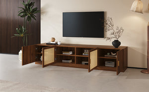 English Elm 78" TV Stand for TVs up to 85" — Walnut Media Console with Rattan Doors, Fluted Fronts & Adjustable Shelves N710P362196P