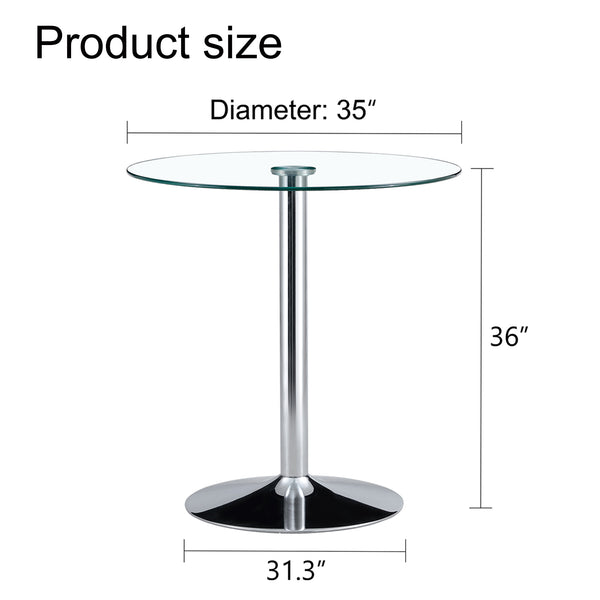 English Elm A glass tabletop 35" Round Dining Table with Electroplated Silver Legs, Minimalist Chic for 4-6 Guests W1151P155921