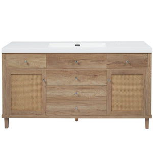 English Elm Christopher Knight Home® - 60" Modern Bathroom Vanity with Durable SMC Sink, Rattan Doors, Soft-Close Drawers, Pine Legs Antique Natural N817P296130N